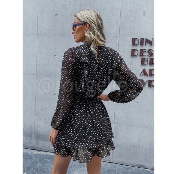 Black Mini Dress Long Sleeve All Overt Spotted Print Ruffe Detail - Picture 6 of 7